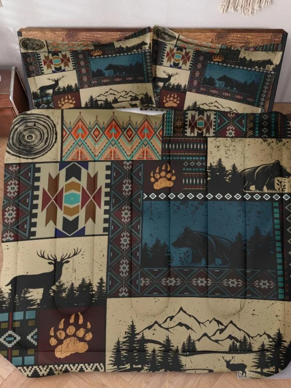 Full Size Comforter Set with 2 Pillowcases, Deer Bear Wildlife 3 Pcs Bedding for